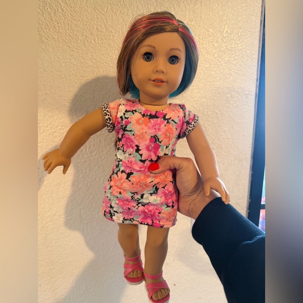 American Girl Doll with Pink Floral Dress and Multicolor Hair